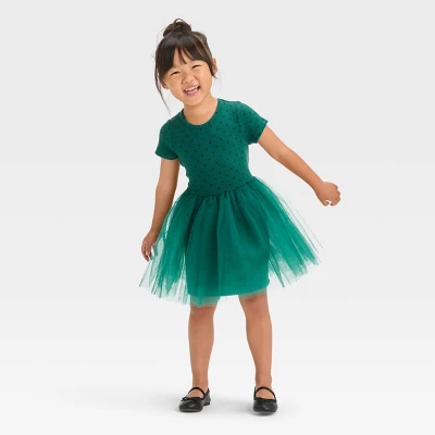 Toddler Girls' Dot Short Sleeve Knit Tulle Dress - Cat & Jack™ Green 4 Toddler Girls' Dot Short Sleeve Knit Tulle Dress - Cat & Jack™ Green - Image 2