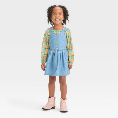 Toddler Girls' Plaid Long Sleeve Top & Denim Skirtall Set - Cat & Jack™ Blue 4 Toddler Girls' Plaid Long Sleeve Top & Denim Skirtall Set - Cat & Jack™ Blue - Image 2