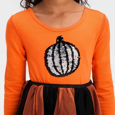 Girls' Adaptive Long Sleeve Sequin Halloween Tulle Dress - Cat & Jack™ Orange 4 Girls' Adaptive Long Sleeve Sequin Halloween Tulle Dress - Cat & Jack™ Orange - Image 2