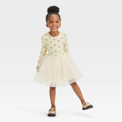 Toddler Girls' Floral Long Sleeve Knit Tulle Dress - Cat & Jack™ Off-White 4 Toddler Girls' Floral Long Sleeve Knit Tulle Dress - Cat & Jack™ Off-White - Image 2