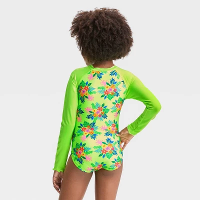 Girls' Aloha Floral One Piece Rash Guard Swimsuit - Cat & Jack™ Lime Green 4 Girls' Aloha Floral One Piece Rash Guard Swimsuit - Cat & Jack™ Lime Green - Image 2