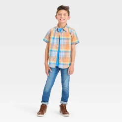 Boys' Short Sleeve Plaid Button-Down Shirt - Cat & Jack™ Orange -CAT and JACK Store GUEST 33283b52 32f8 4865 9716 26840ac4d512
