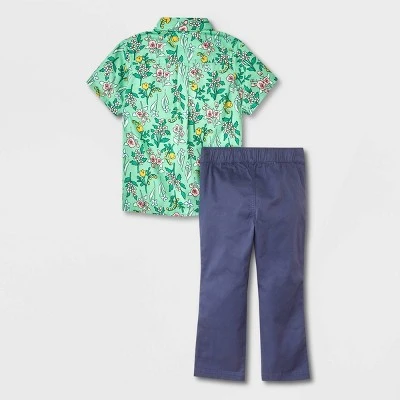Toddler Boys' Adaptive 2pc Floral Printed Woven Short Sleeve Shirt And Pants Set With Bowtie - Cat & Jack™ Green 3 Toddler Boys' Adaptive 2pc Floral Printed Woven Short Sleeve Shirt And Pants Set With Bowtie - Cat & Jack™ Green