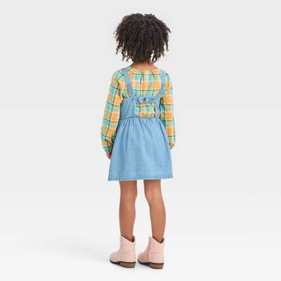 Toddler Girls' Plaid Long Sleeve Top & Denim Skirtall Set - Cat & Jack™ Blue 3 Toddler Girls' Plaid Long Sleeve Top & Denim Skirtall Set - Cat & Jack™ Blue
