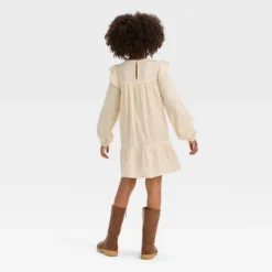 Girls' Long Sleeve Woven Dress - Cat & Jack™ Cream/Gold