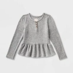 Girls' Adaptive Long Sleeve Henley Peplum Shirt - Cat & Jack™ Heather Gray -CAT and JACK Store GUEST 52501053 89a3 43eb aeb2 f2214fd0a42e
