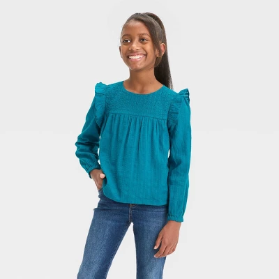 Girls' Long Sleeve Woven Ruffle Shirt - Cat & Jack™ Teal Blue 5 Girls' Long Sleeve Woven Ruffle Shirt - Cat & Jack™ Teal Blue - Image 3