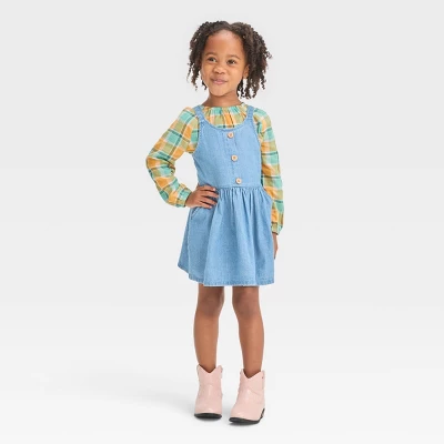 Toddler Girls' Plaid Long Sleeve Top & Denim Skirtall Set - Cat & Jack™ Blue 5 Toddler Girls' Plaid Long Sleeve Top & Denim Skirtall Set - Cat & Jack™ Blue - Image 3