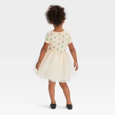 Toddler Girls' Floral Short Sleeve Knit Tulle Dress - Cat & Jack™ Off-White 3 Toddler Girls' Floral Short Sleeve Knit Tulle Dress - Cat & Jack™ Off-White