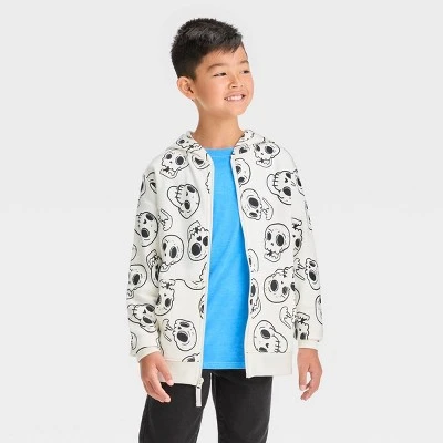 Boys' Skull Printed Halloween Zip-Up Sweatshirt - Cat & Jack™ Cream 5 Boys' Skull Printed Halloween Zip-Up Sweatshirt - Cat & Jack™ Cream - Image 3