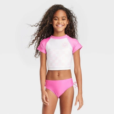 Girls' Super Smile Cropped Rashguard Set - Cat & Jack™ White/Pink 6 Girls' Super Smile Cropped Rashguard Set - Cat & Jack™ White/Pink - Image 4