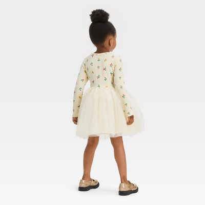 Toddler Girls' Floral Long Sleeve Knit Tulle Dress - Cat & Jack™ Off-White 3 Toddler Girls' Floral Long Sleeve Knit Tulle Dress - Cat & Jack™ Off-White