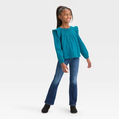 Girls' Long Sleeve Woven Ruffle Shirt - Cat & Jack™ Teal Blue 4 Girls' Long Sleeve Woven Ruffle Shirt - Cat & Jack™ Teal Blue - Image 2