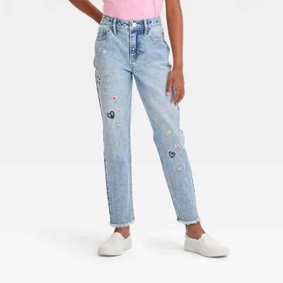 Girls' High-Rise Embroidered Ankle Straight Jeans - Cat & Jack™ Blue 6 Girls' High-Rise Embroidered Ankle Straight Jeans - Cat & Jack™ Blue - Image 4