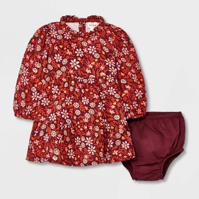 Baby Girls' Floral Twill Dress & Bottom Set - Cat & Jack™ Burgundy 6 Baby Girls' Floral Twill Dress & Bottom Set - Cat & Jack™ Burgundy - Image 4