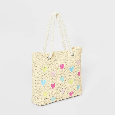 Girls' Heart Embroidered Tote Bag - Cat & Jack™ Off- White 2 Girls' Heart Embroidered Tote Bag - Cat & Jack™ Off- White