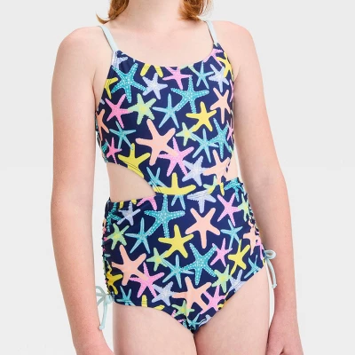 Girls' Starfish Party Printed One Piece Swimsuit - Cat & Jack™ Navy Blue 3 Girls' Starfish Party Printed One Piece Swimsuit - Cat & Jack™ Navy Blue