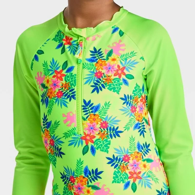 Girls' Aloha Floral One Piece Rash Guard Swimsuit - Cat & Jack™ Lime Green 3 Girls' Aloha Floral One Piece Rash Guard Swimsuit - Cat & Jack™ Lime Green