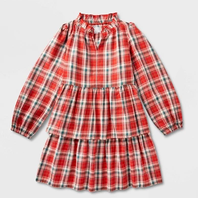 Girls' Adaptive Abdominal Access Long Sleeve Plaid Tiered Woven Dress - Cat & Jack™ Red 6 Girls' Adaptive Abdominal Access Long Sleeve Plaid Tiered Woven Dress - Cat & Jack™ Red - Image 4