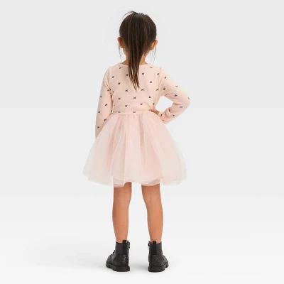 Toddler Girls' Bow-Tie Long Sleeve Knit Tulle Dress - Cat & Jack™ Pink 3 Toddler Girls' Bow-Tie Long Sleeve Knit Tulle Dress - Cat & Jack™ Pink