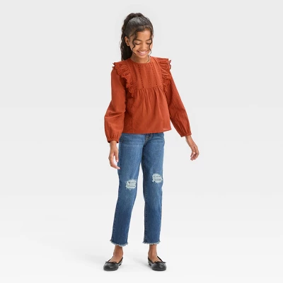 Girls' Long Sleeve Woven Ruffle Shirt - Cat & Jack™ Chestnut Orange 4 Girls' Long Sleeve Woven Ruffle Shirt - Cat & Jack™ Chestnut Orange - Image 2