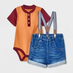 Baby Boys' Denim Shorts Henley Suspender Set - Cat & Jack™ Burgundy -CAT and JACK Store GUEST b1d772e4 5a10 4a67 a663 3d7563f42834