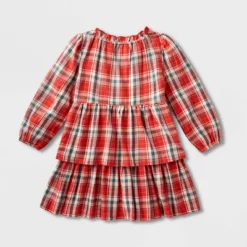 Toddler Girls' Adaptive Abdominal Access Long Sleeve Plaid Tiered Woven Dress - Cat & Jack⢠Red