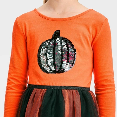 Girls' Long Sleeve Flip Sequin Halloween Dress - Cat & Jack™ Orange 4 Girls' Long Sleeve Flip Sequin Halloween Dress - Cat & Jack™ Orange - Image 2