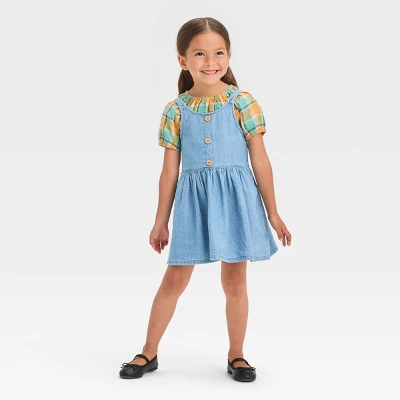 Toddler Girls' Plaid Short Sleeve Top & Denim Skirtall Set - Cat & Jack™ Blue 4 Toddler Girls' Plaid Short Sleeve Top & Denim Skirtall Set - Cat & Jack™ Blue - Image 2