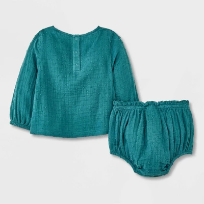 Baby Girls' Gauze Clipspot Ruffle Yoke Top & Bottom Set - Cat & Jack™ Dark Green 3 Baby Girls' Gauze Clipspot Ruffle Yoke Top & Bottom Set - Cat & Jack™ Dark Green
