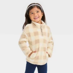 Toddler Girls' Checkered Quarter Zip-Up Jacket - Cat & Jack™ Beige -CAT and JACK Store GUEST cc02cb8e e530 405a a49a d9b289fd75f0