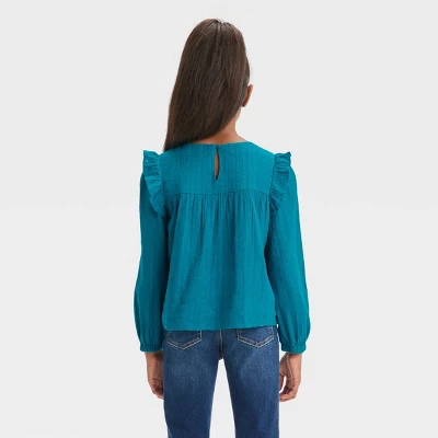 Girls' Long Sleeve Woven Ruffle Shirt - Cat & Jack™ Teal Blue 3 Girls' Long Sleeve Woven Ruffle Shirt - Cat & Jack™ Teal Blue