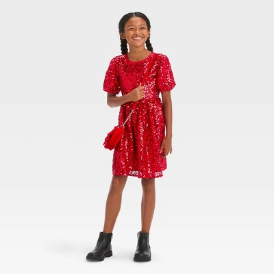 Girls' Short Puff Sleeve Sequin Dress - Cat & Jack™ Red 4 Girls' Short Puff Sleeve Sequin Dress - Cat & Jack™ Red - Image 2