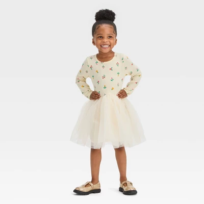 Toddler Girls' Floral Long Sleeve Knit Tulle Dress - Cat & Jack™ Off-White 5 Toddler Girls' Floral Long Sleeve Knit Tulle Dress - Cat & Jack™ Off-White - Image 3