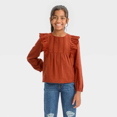Girls' Long Sleeve Woven Ruffle Shirt - Cat & Jack™ Chestnut Orange 5 Girls' Long Sleeve Woven Ruffle Shirt - Cat & Jack™ Chestnut Orange - Image 3