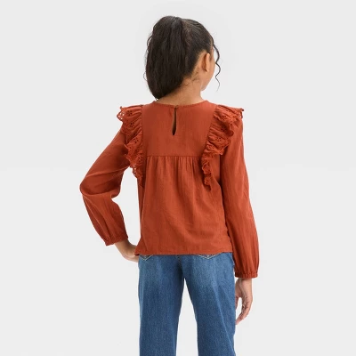 Girls' Long Sleeve Woven Ruffle Shirt - Cat & Jack™ Chestnut Orange 3 Girls' Long Sleeve Woven Ruffle Shirt - Cat & Jack™ Chestnut Orange