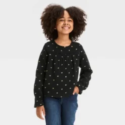 Girls' Long Sleeve Gold Foil Bow Woven Shirt - Cat & Jack™ Black -CAT and JACK Store GUEST e46cd42b 89be 47cd ad78 8b2c1e1a446b