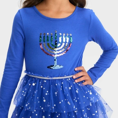 Girls' Long Sleeve Menorah Tiered Hanukkah Tulle Dress - Cat & Jack™ Blue 4 Girls' Long Sleeve Menorah Tiered Hanukkah Tulle Dress - Cat & Jack™ Blue - Image 2