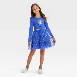 Girls' Long Sleeve Menorah Tiered Hanukkah Tulle Dress - Cat & Jack™ Blue