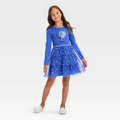 Girls' Long Sleeve Menorah Tiered Hanukkah Tulle Dress - Cat & Jack™ Blue 3 Girls' Long Sleeve Menorah Tiered Hanukkah Tulle Dress - Cat & Jack™ Blue