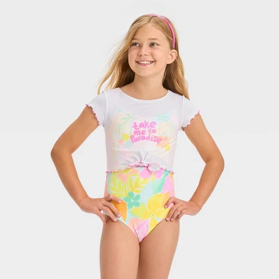 Girls' 'Take Me To Paradise' Floral Printed Rash Guard Set - Cat & Jack™ White 6 Girls' 'Take Me To Paradise' Floral Printed Rash Guard Set - Cat & Jack™ White - Image 4